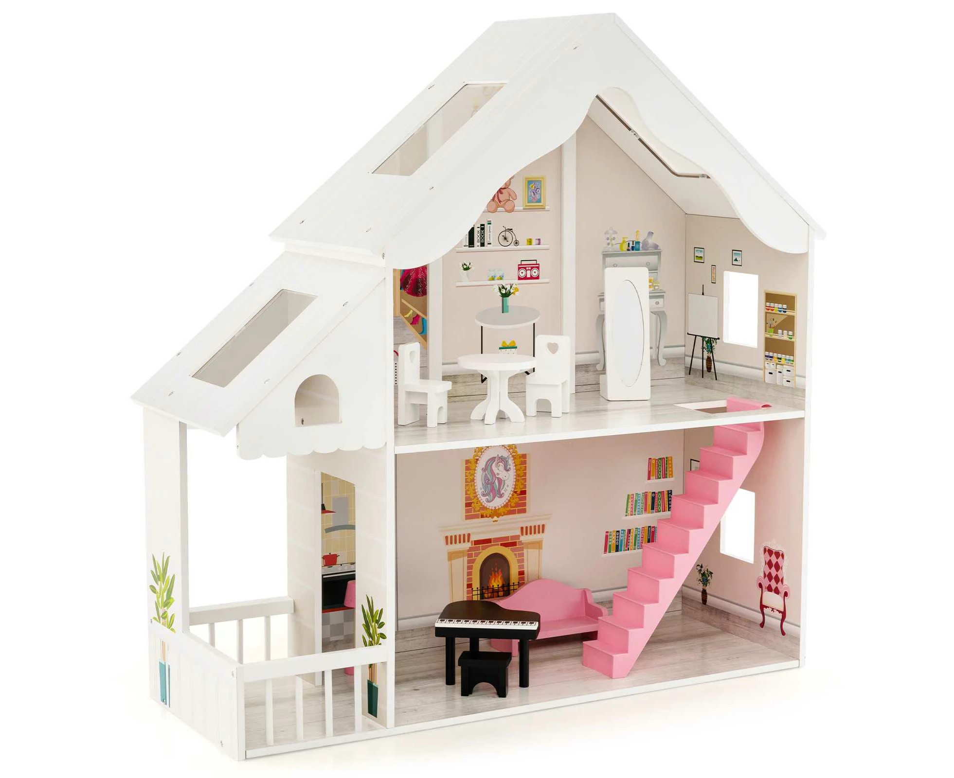 Costway 2-Story Pretend Play Dollhouse Wooden Dollhouse w/ Rooms & Furniture Set Toy Gift s Girls Boys