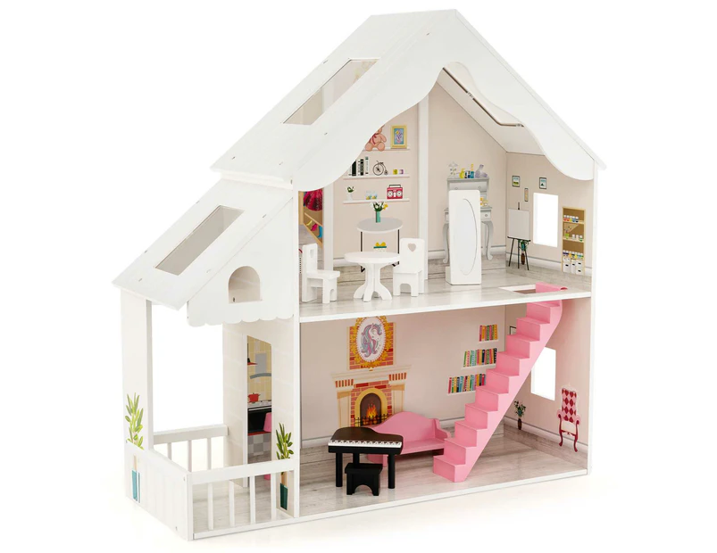 Costway 2-Story Pretend Play Dollhouse Kids Wooden Dollhouse w/ Rooms & Furniture Set Toy Gift Toddlers Girls Boys