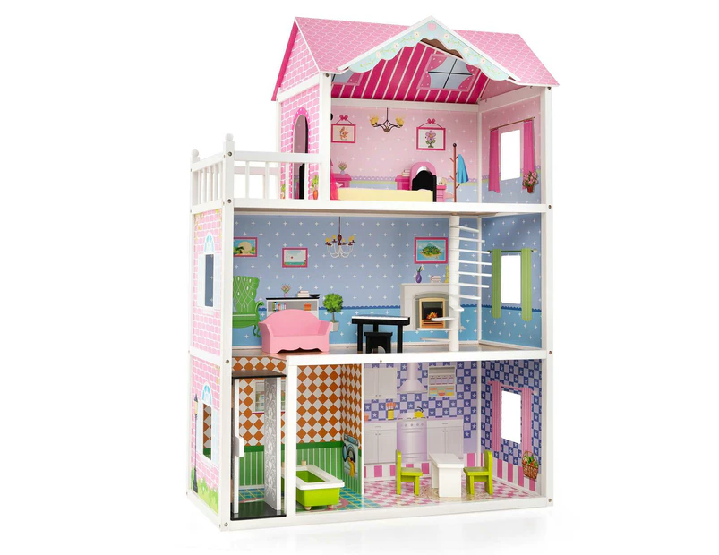 Costway 3-Floor Pretend Play Dollhouse Kids Wooden Dollhouse w/ 5 Rooms & Furniture Set Toy Gift