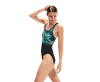 Speedo Women's Placement Digital Powerback Swimsuit - Black/Green Glow/Marine Blue