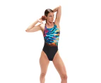 Speedo Women's Placement Digital Leaderback Swimsuit - Black/Cobalt Pop/Hypersonic Blue/Electric Pink