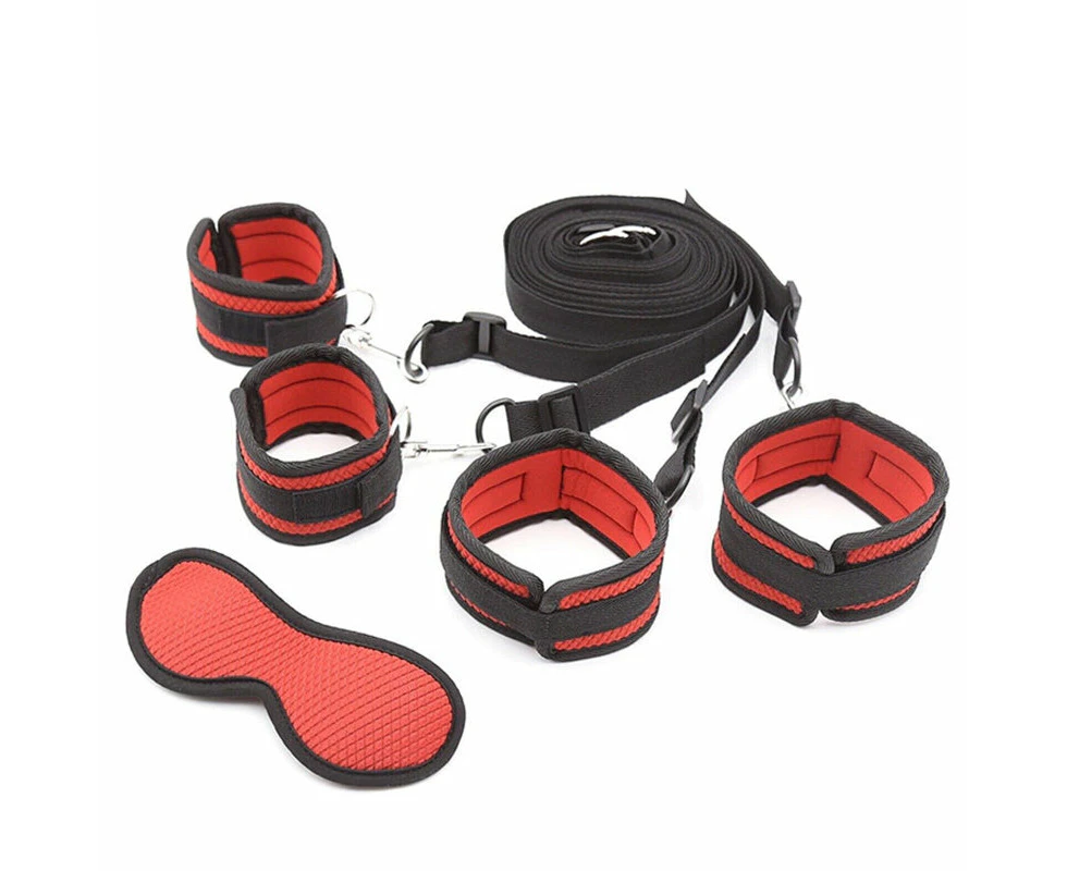 Under Bed Bondage Restraint Kit - Adjustable Handcuffs, Ankle & Wrist Cuffs with Spreader & Blindfold - Red