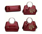 Tenpell Women Handbag Leather Flower Pattern Satchel Charm Glossy Metal Grip Shoulder Bag-WineRed