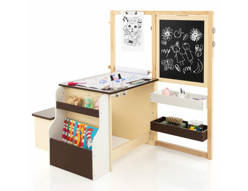 Costway 3IN1 Kids Painting Table Bench Set Double-Sided Art Easel Storage Bookshelf w/Cup Holders & Metal Clips Coffee