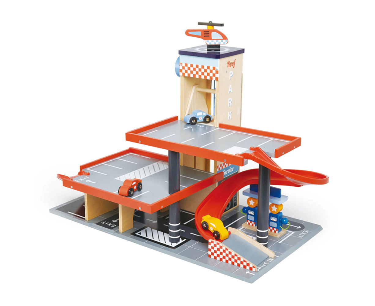 Tender Leaf Toys 67cm Blue Bird Service Station Car Park Wooden Toy Set Kids 3y+