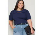 AUTOGRAPH - Plus Size - Womens Tops -  Short Sleeve Cutout Ribbed Top - Blue