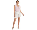 KATIES - Womens White Shorts - Summer - Linen Clothing - Knee Length - Mid Waist - Bermuda - Stud Detail - Cool Casual Work Wear - Comfort Fashion - White