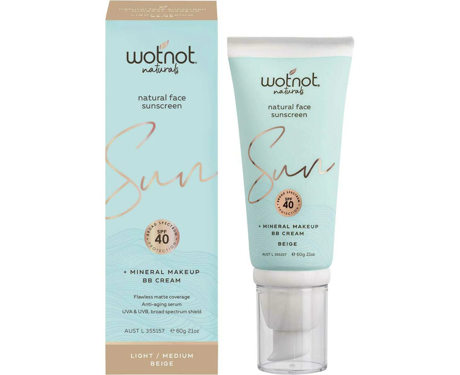 Wotnot Naturals Natural Face Sunscreen SPF 40 + Mineral MakeUp BB Cream Light/Medium Beige 60g