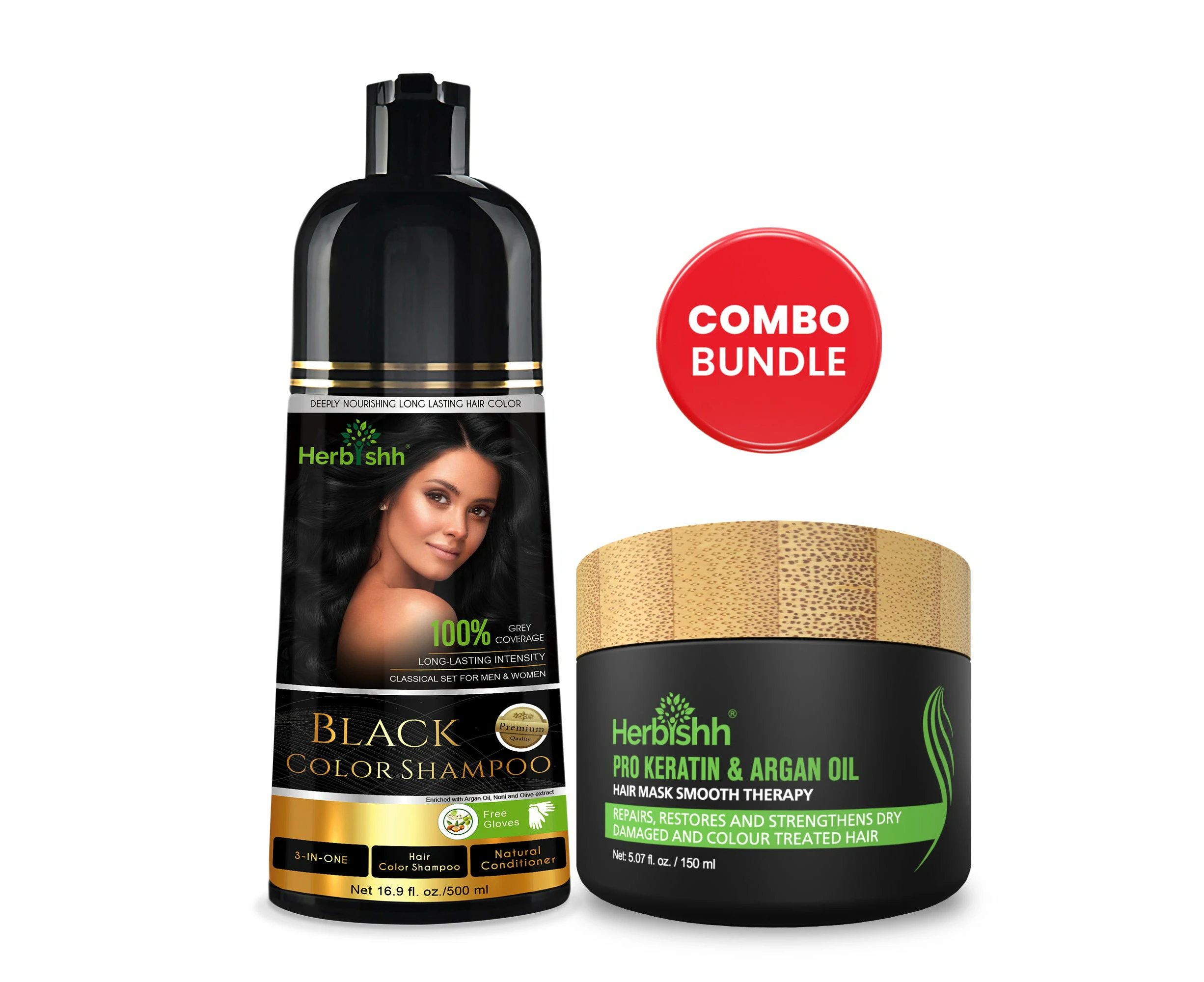 Herbishh Magic Hair Colour Dye Shampoo And Argan Oil Hair Mask Bundle - Black