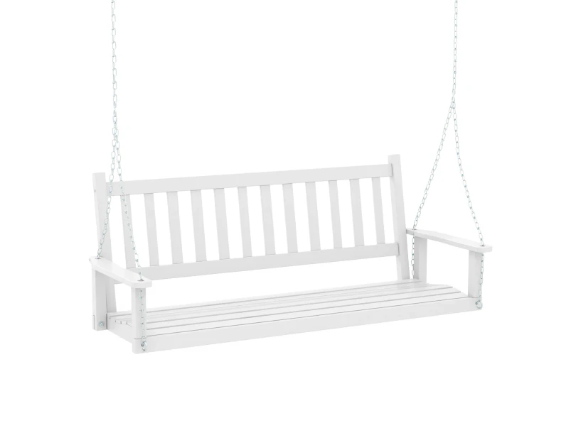 Costway Outdoor Porch Swing Chair Wood Bench Hanging Seat w/Adjustable Chains & Back Garden Backyard White