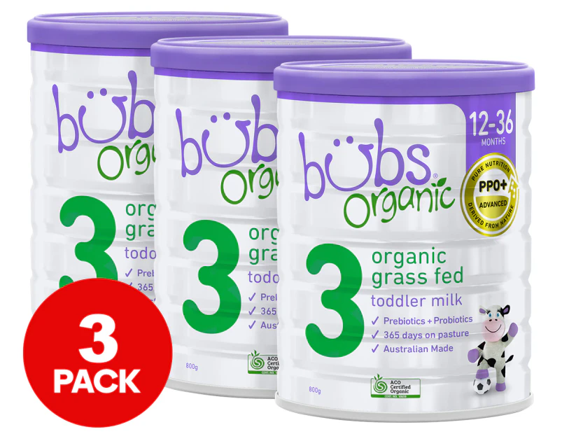 3pk Bubs Organic Grass Fed Stage 3 Toddler Milk 800g