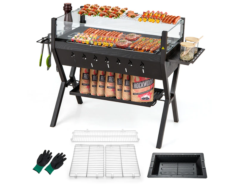 Costway 2-in-1 Fire Pit Camping Charcoal Grill w/Rack & Shelf Stainless Steel Outdoor Cooking Picnic Hiking