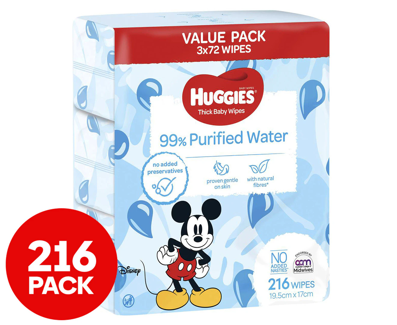 3 x 72pk Huggies Thick Baby Wipes 99% Purified Water