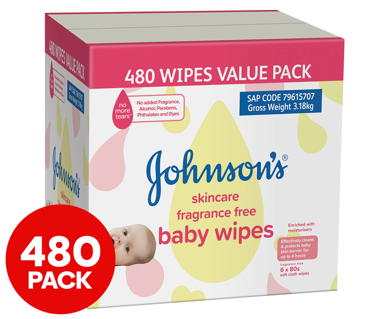 6 x 80pk Johnson's Baby Skincare Fragrance Free Baby Wipes