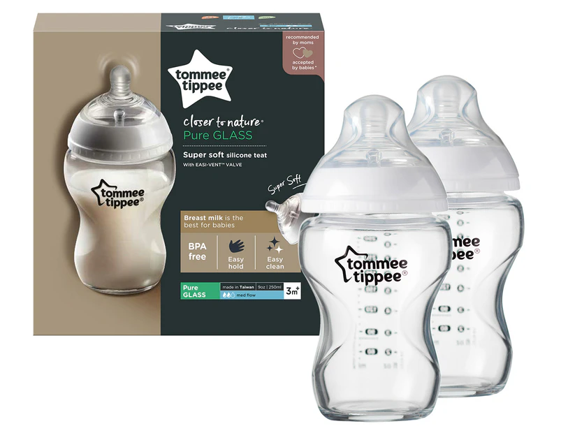 Tommee Tippee 250mL Closer To Nature Pure Glass Baby Bottles 2-Pack