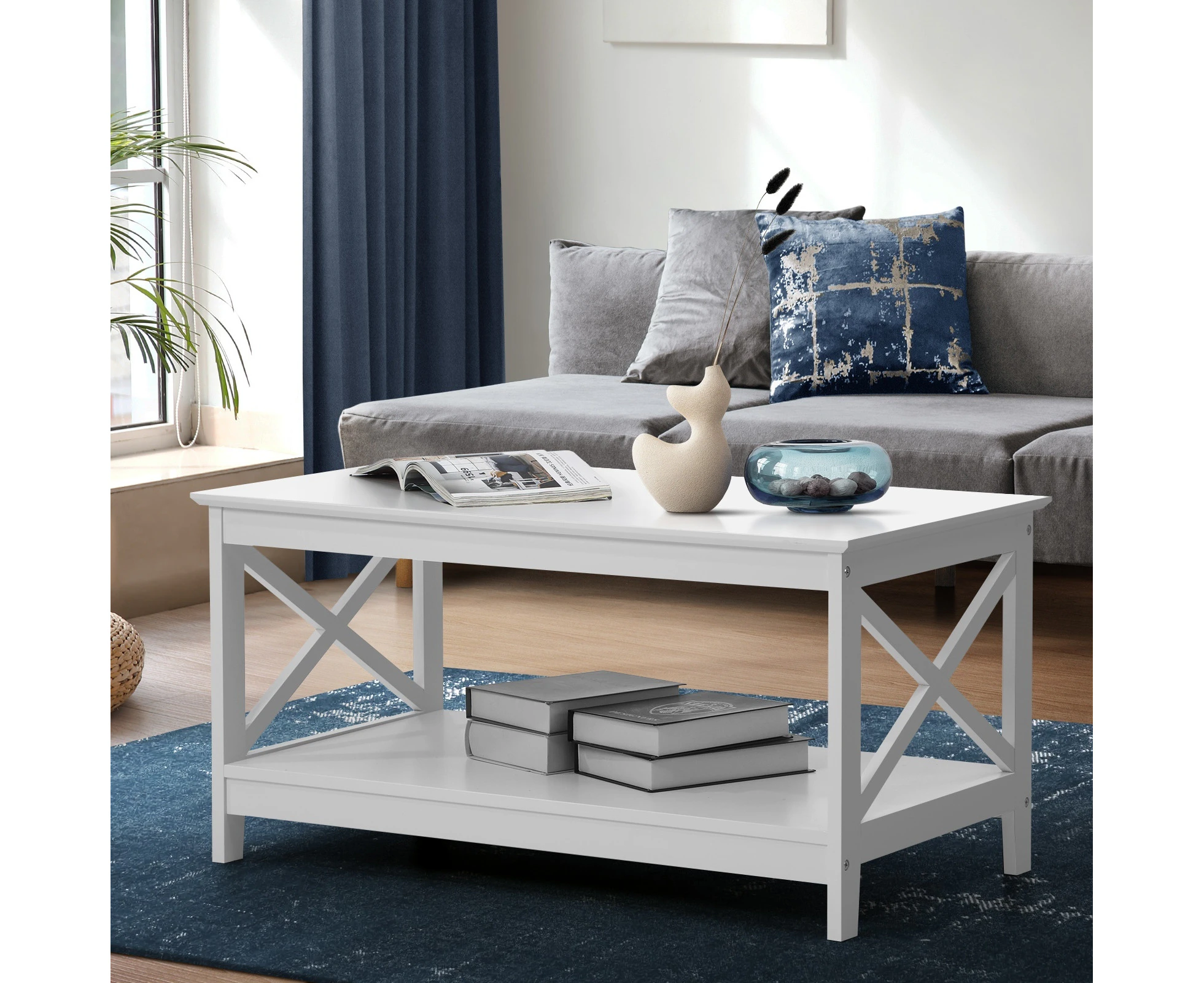 Oikiture Coffee Table Side Tables Storage Rack Shelf 2-Tier Hamptons Furniture