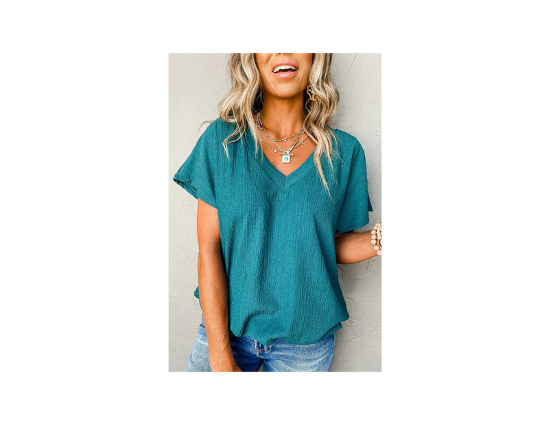 Azura Exchange Blue Sapphire Crinkled V Neck Wide Sleeve T-shirt - Blue Sapphire