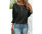 Azura Exchange Black Shirred Dolman Sleeve Satin Blouse - Black