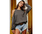 Azura Exchange Medium Grey Distressed Asymmetric Cold Shoulder Pullover - Medium Grey