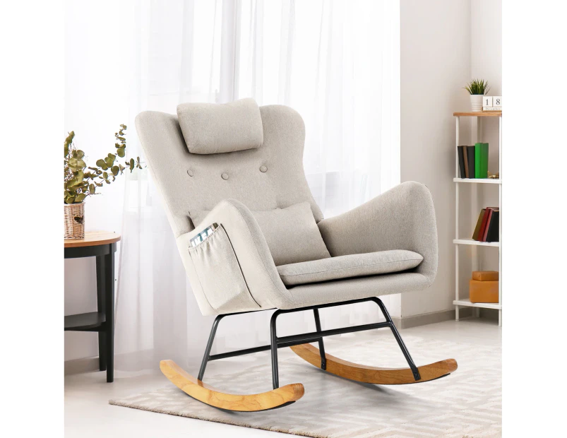 Oikiture Rocking Chair Nursing Armchair Linen Accent Chairs With 2 Pillow Beige