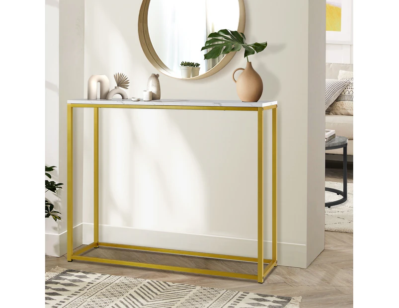 Oikiture Console Table Marble-look Iron Hallway Desk Entry Display Gold&White