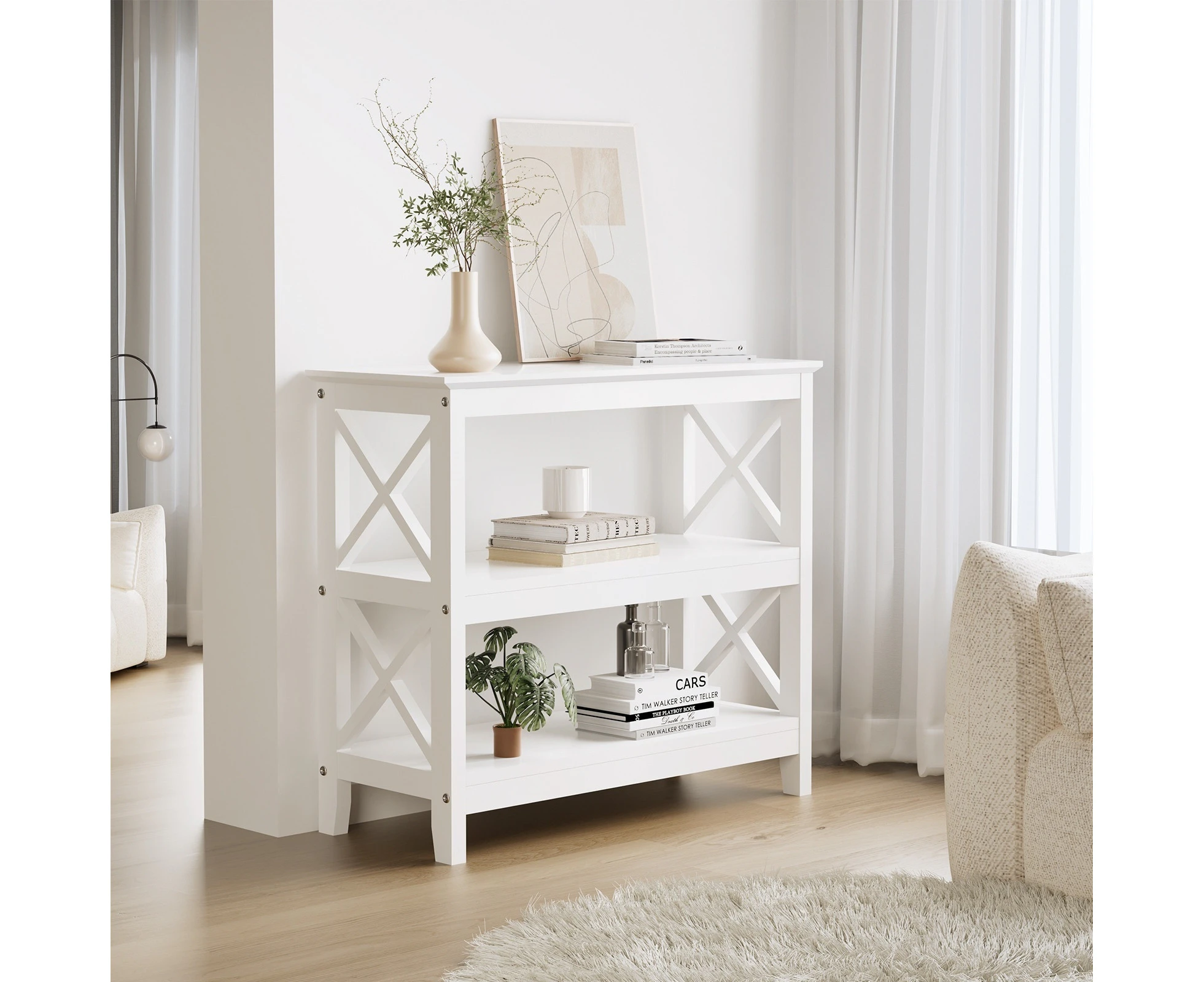 Oikiture 3-Tier Console Table X-Design Wood Sofa Table Hall Side Entry White