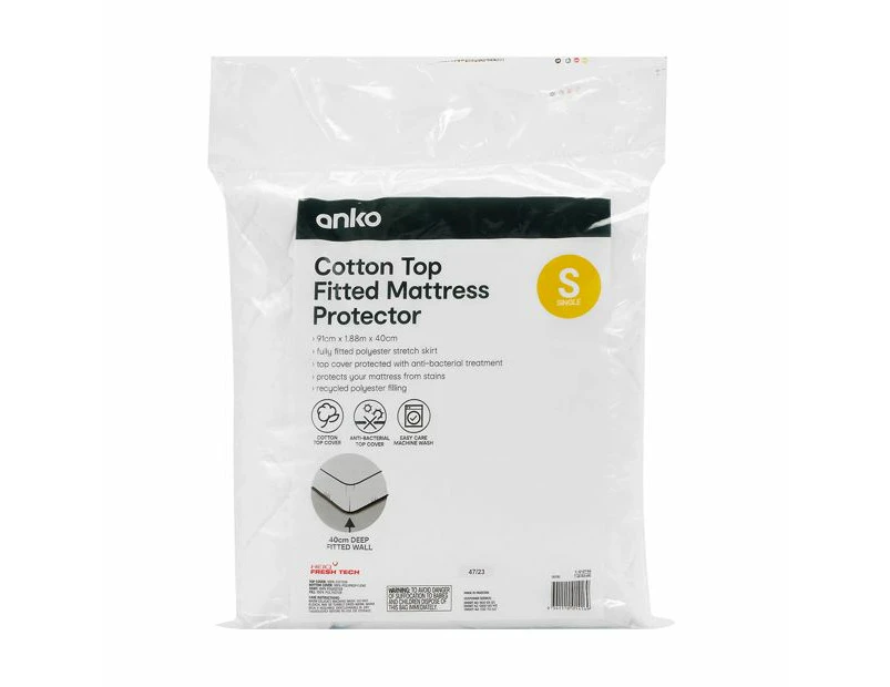 Cotton Top Fitted Mattress Protector, Single Bed - Anko - White