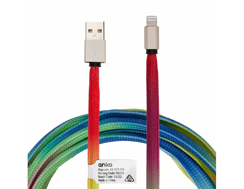 Lightning Cable, 2m Rainbow Rope - Anko