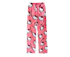 Women Flannel Fleece Warm Pyjama Pajama Pants Sleepwear Trousers Kawaii Hello Kitty Cartoon Print - Rose Red