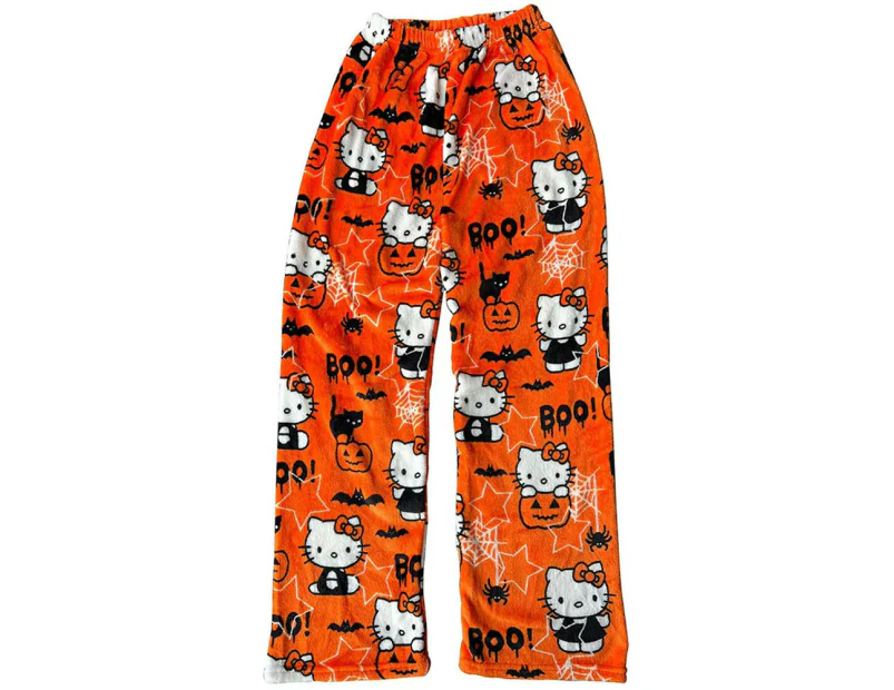 Women Ladies Hello Kitty Printed Warm Flannel Pajama Bottoms Lounge Pants Trousers Nightwear - A