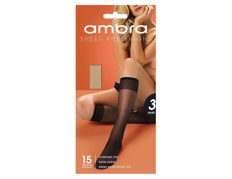 Ambra Women's Sheer Knee High Pantyhose 3-Pack - Neutral