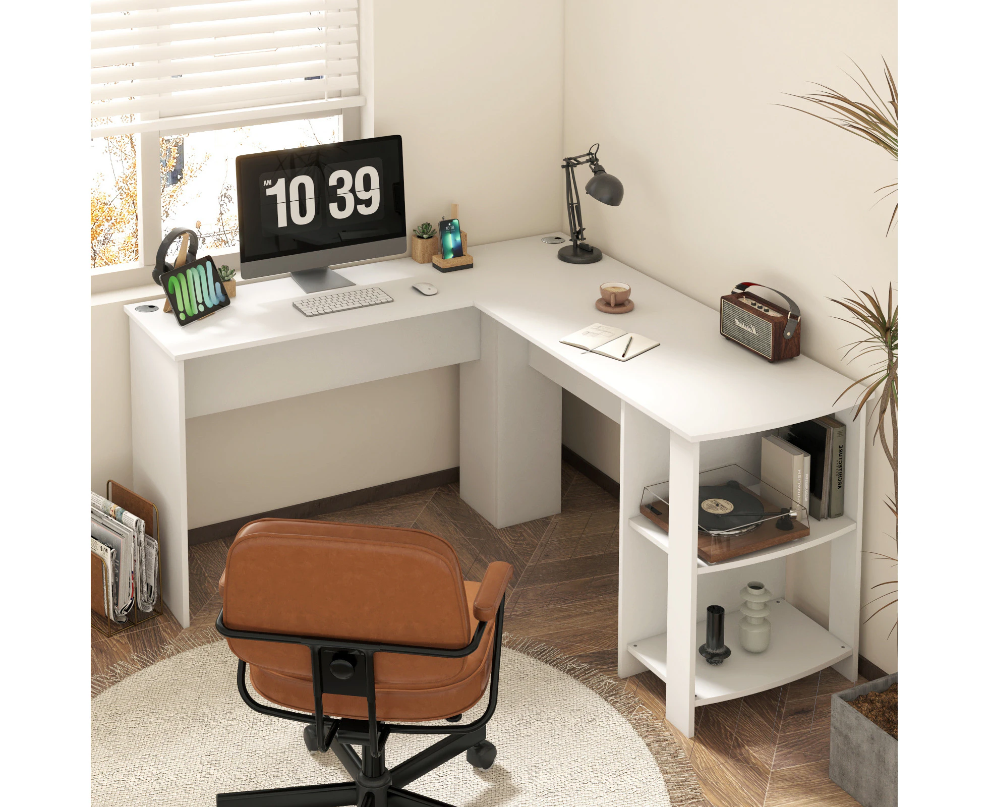 Oikiture L-shape Computer Desk Home Office Writing Desk w/ Storage Shelves White