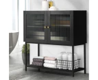 Oikiture Storage Cabinet Floor Cupboard Two Tempered Glass Door Black