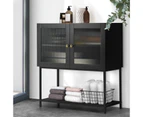 Oikiture Storage Cabinet Floor Cupboard Two Tempered Glass Door Black