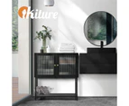 Oikiture Storage Cabinet Floor Cupboard Two Tempered Glass Door Black