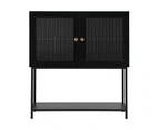 Oikiture Storage Cabinet Floor Cupboard Two Tempered Glass Door Black