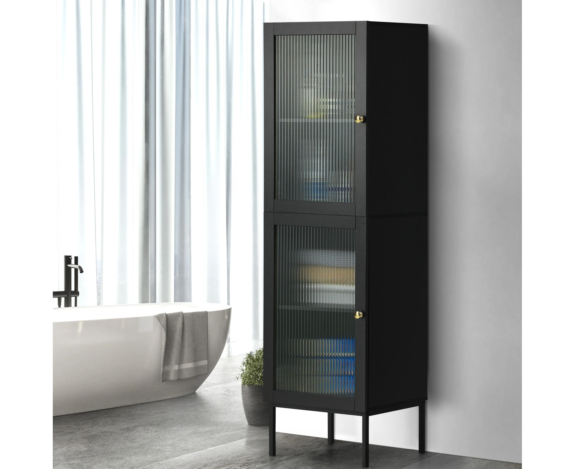 Oikiture Storage Cabinet Tall Slim Cupboard Tempered Glass Door Black