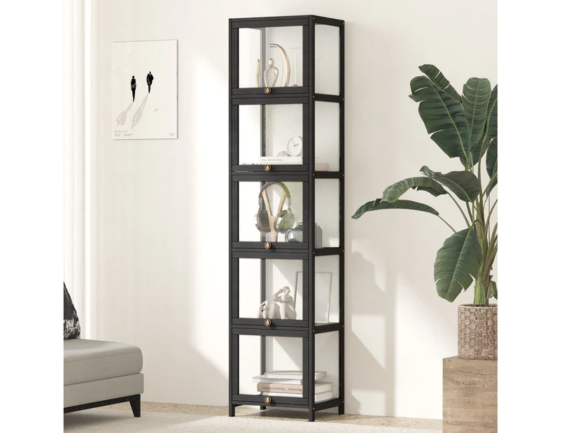 Oikiture Display Cabinet Slim Storage 5-Tier Shelves Clear Bookcase Rack Black