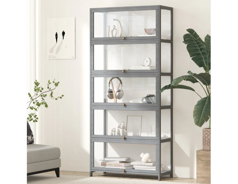 Oikiture Display Cabinet Storage 5-Tier Shelves Clear Bookcase Stand Rack Grey