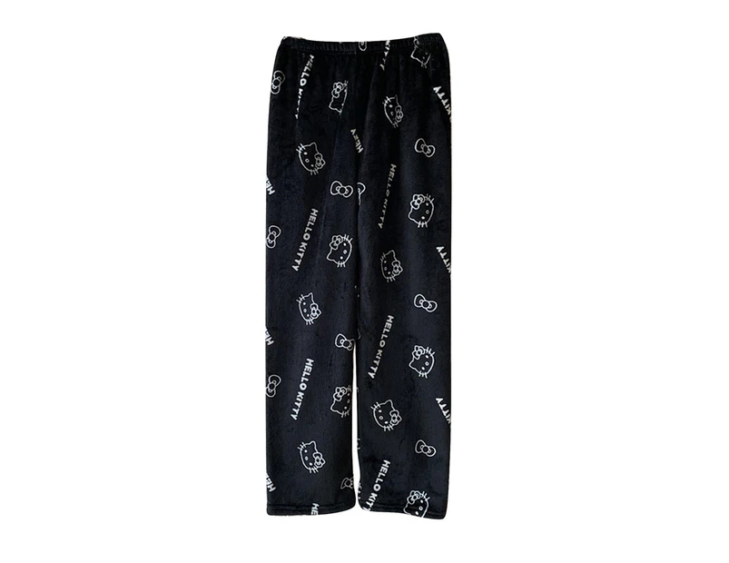 Women Flannel Fleece Warm Pyjama Pajama Pants Sleepwear Trousers Kawaii Cartoon Printed - Black