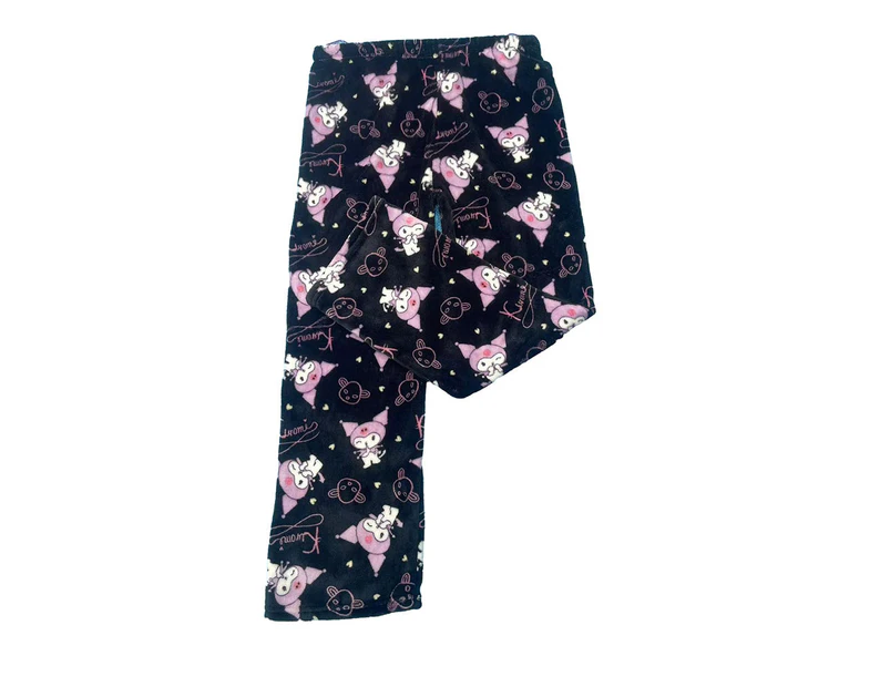 Women Kitty Melody Kuromi Plush Flannel Sleepwear Nightwear Bottoms Pyjamas Pants - Black