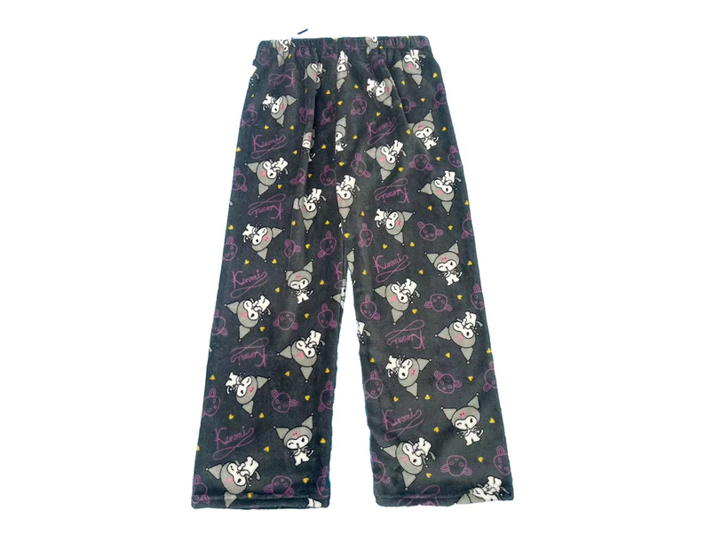 Women Kitty Melody Kuromi Plush Flannel Sleepwear Nightwear Bottoms Pyjamas Pants - Dark Gray