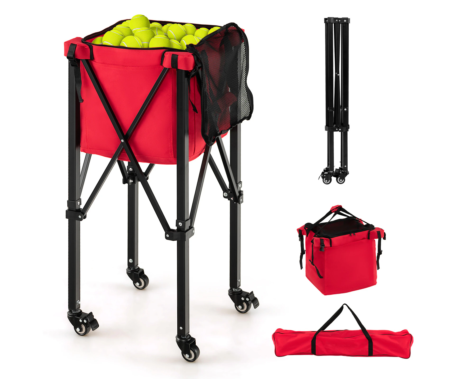 Costway Tennis Ball Trolley 160 Balls Coaching Teaching Basket Cart w/Side Pockets Foldable