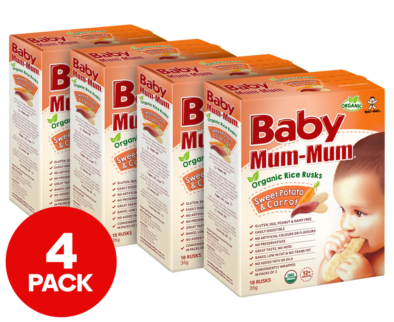 4 x Baby Mum-Mum First Rice Rusks Sweet Potato & Carrot 36g