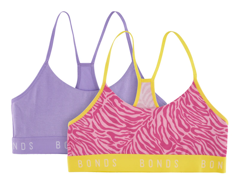 Bonds Girls' Hipster Racerback Crop Top 2-Pack - Pink Zebra Print/Lilac
