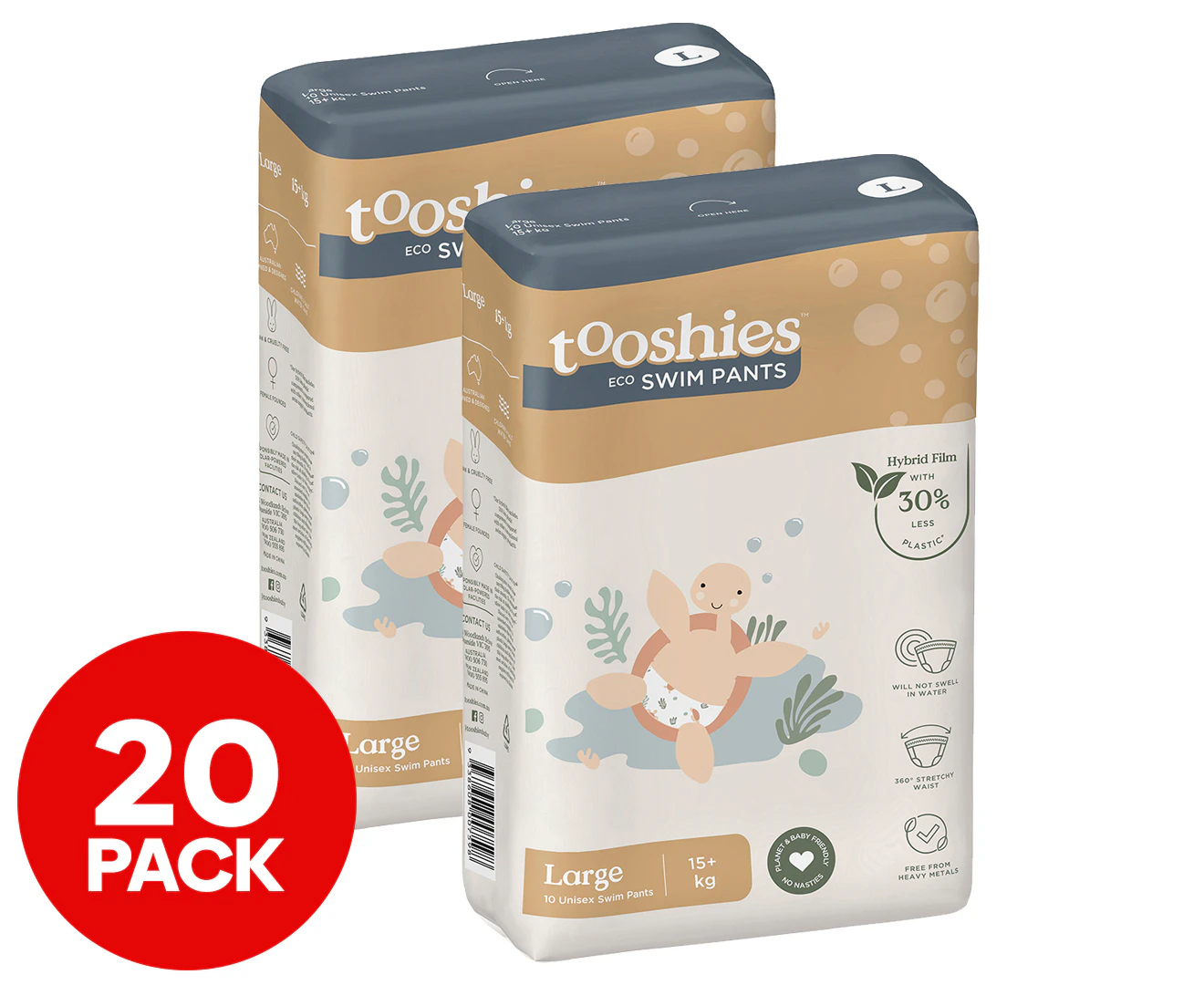 2 x 10pk Tooshies Large 15kg+ Eco Swim Pants