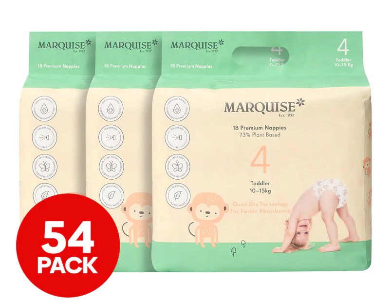 3 x 18pk Marquise Toddler Size 4 10-15kg Eco Nappies