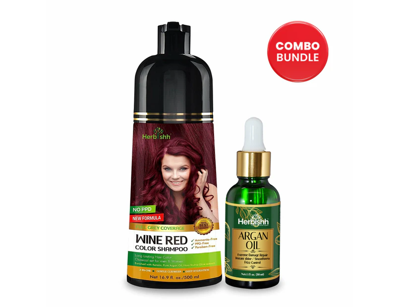 Herbishh Magic Hair Colour Dye Shampoo And Argan Oil Hair Serum Bundle - Wine Red
