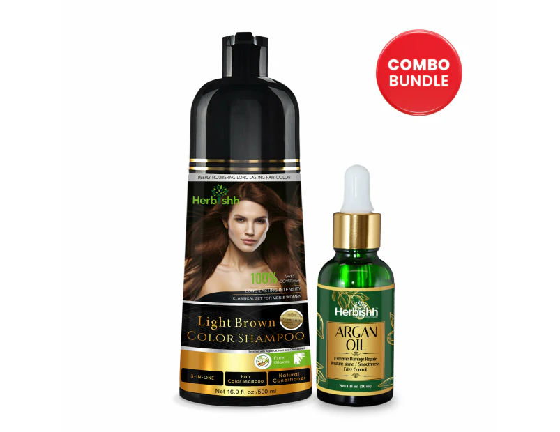 Herbishh Magic Hair Colour Dye Shampoo And Argan Oil Hair Serum Bundle - Light Brown