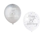 Unique Party Latex 25th Anniversary Balloons (Pack of 5) (Silver/White) - SG22620